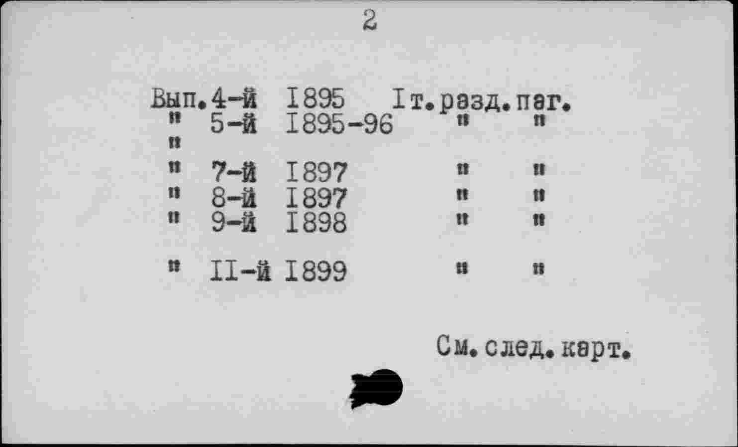 ﻿2
Вып. 4-й	1895	1т.	разд.паг.
” 5-й	1895-96	II	п
и		
И 7-й	1897	п	п
" 8-й	1897	п	п
» 9-й	1898	п	п
п 11-й	1899	и	п
См. след, карт